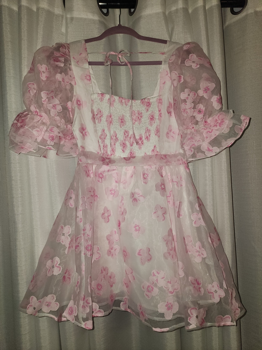 BNWT-Pink Floral Organza Puff-Sleeve Party Dress Size MED